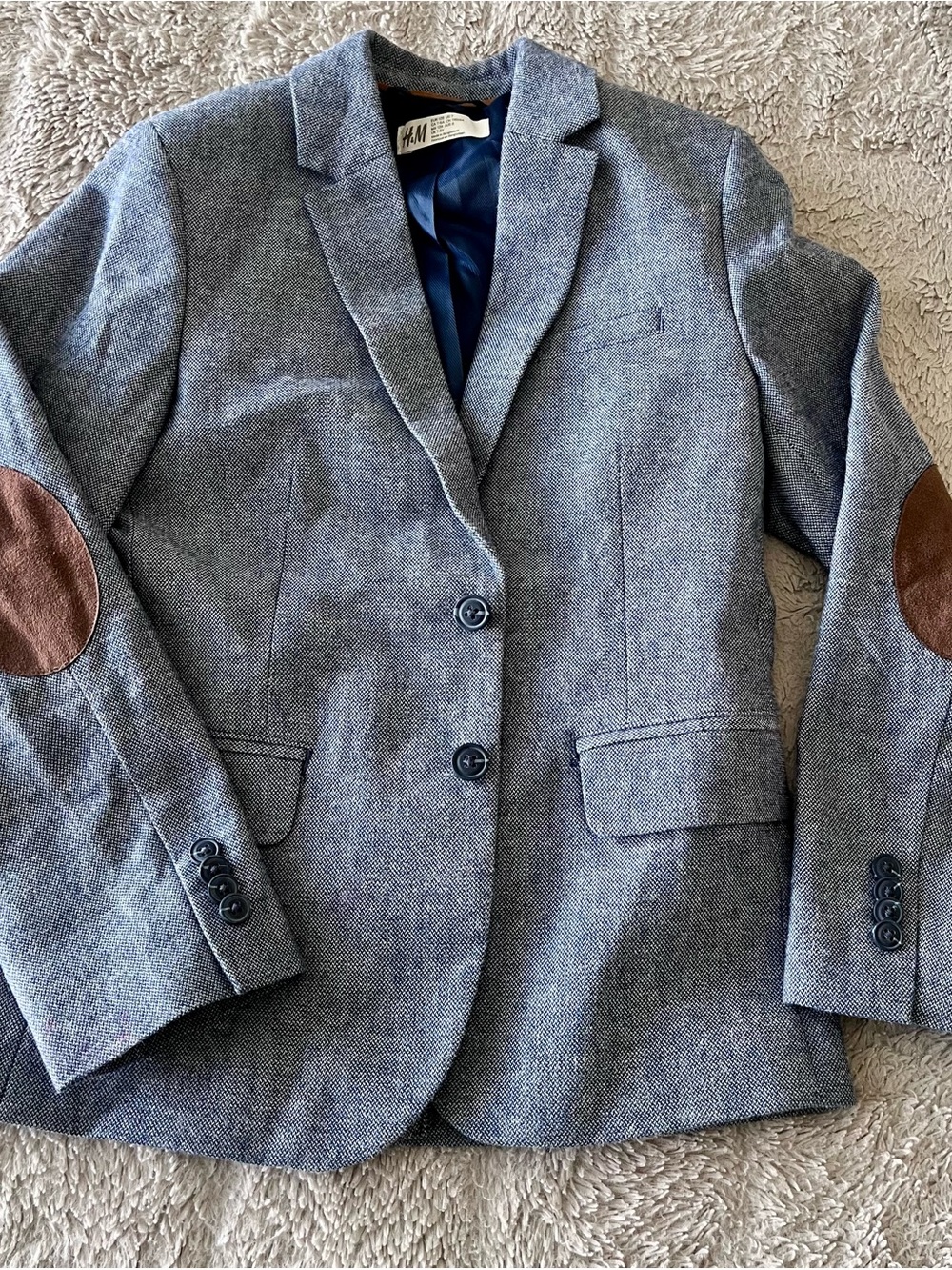 H&M Blue-Gray Tweed Blazer with Brown Elbow Patches
